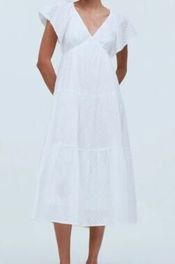 Madewell Devyn Crinkle Swiss Dot Midi Dress White Tiered Size 12 NWT